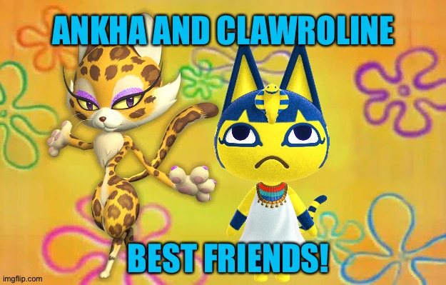 Spongebob time card background  | ANKHA AND CLAWROLINE; BEST FRIENDS! | image tagged in spongebob time card background,kirby,animal crossing,crossover | made w/ Imgflip meme maker