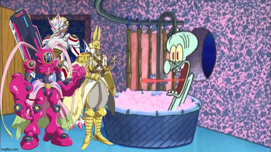 The Digimon Ghost game mega trio drops by Squidward's house | image tagged in who dropped by squidward's house | made w/ Imgflip meme maker