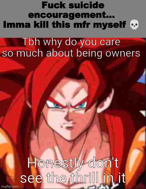 fuck suicide encouragement | Tbh why do you care so much about being owners; Honestly don't see the thrill in it | image tagged in fuck suicide encouragement | made w/ Imgflip meme maker