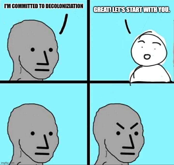 Decolonize Yourself, Decolonizer | I'M COMMITTED TO DECOLONIZIATION; GREAT! LET'S START WITH YOU. | image tagged in npc meme,dumbass,do not see it coming | made w/ Imgflip meme maker