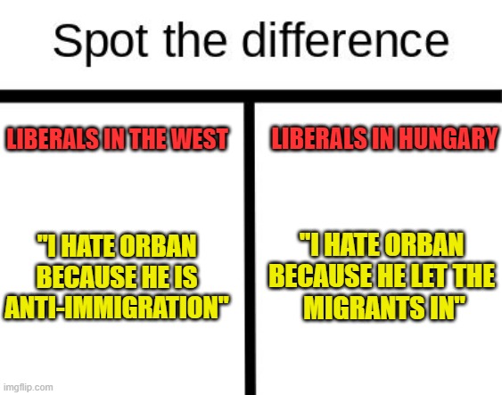 Spot the difference | LIBERALS IN THE WEST; LIBERALS IN HUNGARY; "I HATE ORBAN BECAUSE HE IS ANTI-IMMIGRATION"; "I HATE ORBAN 
BECAUSE HE LET THE 
MIGRANTS IN" | image tagged in spot the difference | made w/ Imgflip meme maker