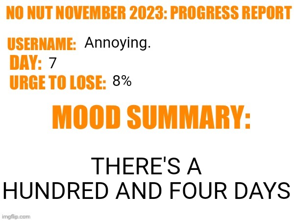 Loquendo | Annoying. 7; 8%; THERE'S A HUNDRED AND FOUR DAYS | image tagged in no nut november 2023 progress report | made w/ Imgflip meme maker