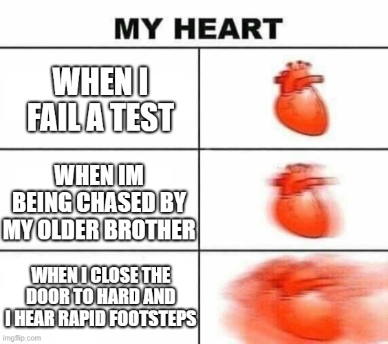 true i mean | WHEN I FAIL A TEST; WHEN IM BEING CHASED BY MY OLDER BROTHER; WHEN I CLOSE THE DOOR TO HARD AND I HEAR RAPID FOOTSTEPS | image tagged in my heart blank | made w/ Imgflip meme maker