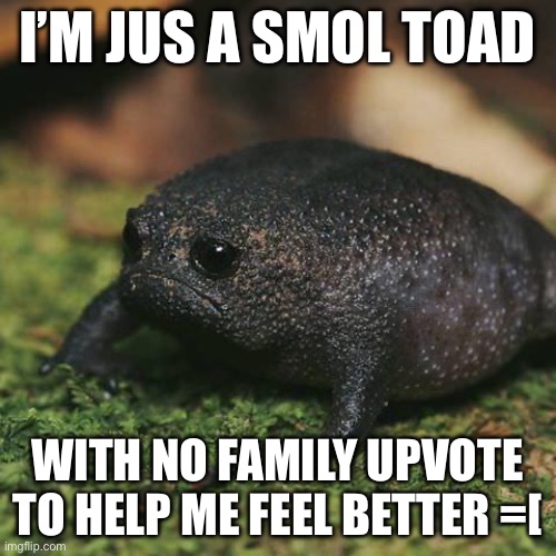 =[ | I’M JUS A SMOL TOAD; WITH NO FAMILY UPVOTE TO HELP ME FEEL BETTER =[ | image tagged in sad toad | made w/ Imgflip meme maker