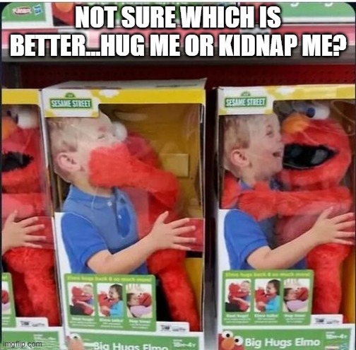 Elmo Knows Where You Live | NOT SURE WHICH IS BETTER...HUG ME OR KIDNAP ME? | image tagged in you had one job | made w/ Imgflip meme maker