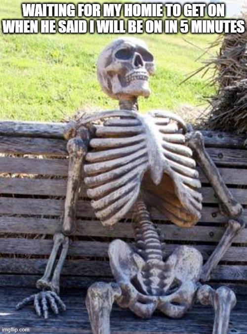 Waiting Skeleton Meme | WAITING FOR MY HOMIE TO GET ON WHEN HE SAID I WILL BE ON IN 5 MINUTES | image tagged in memes,waiting skeleton | made w/ Imgflip meme maker