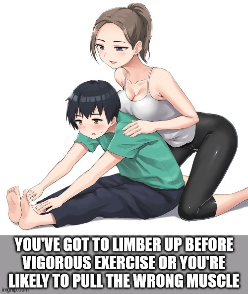 tits | YOU'VE GOT TO LIMBER UP BEFORE
VIGOROUS EXERCISE OR YOU'RE
LIKELY TO PULL THE WRONG MUSCLE | image tagged in tits | made w/ Imgflip meme maker