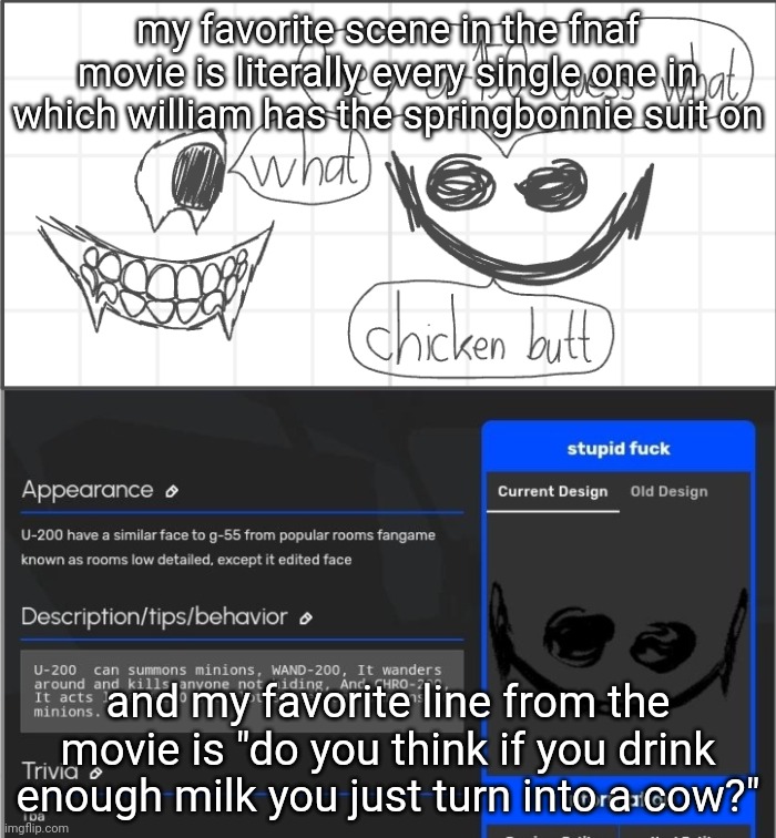 my favorite scene in the fnaf movie is literally every single one in which william has the springbonnie suit on; and my favorite line from the movie is "do you think if you drink enough milk you just turn into a cow?" | made w/ Imgflip meme maker