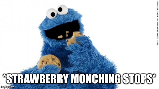 cookie monster | *STRAWBERRY MONCHING STOPS* | image tagged in cookie monster | made w/ Imgflip meme maker