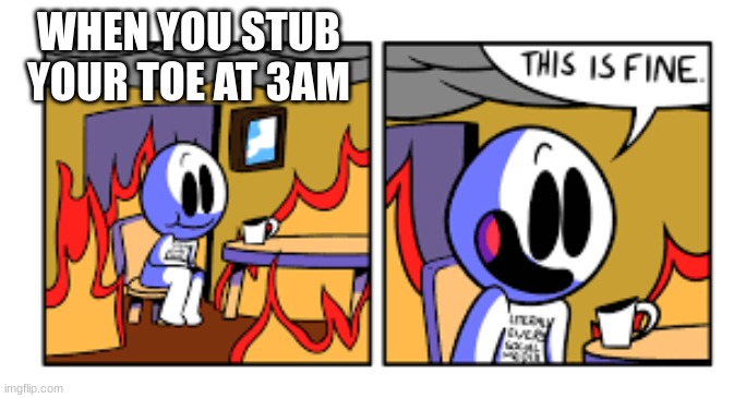 this is fine different template | WHEN YOU STUB YOUR TOE AT 3AM | image tagged in this is fine different template | made w/ Imgflip meme maker
