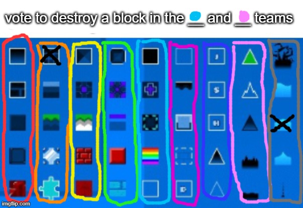 you get two votes, also each voting will have a theme | vote to destroy a block in the __ and __ teams | image tagged in gd block list | made w/ Imgflip meme maker