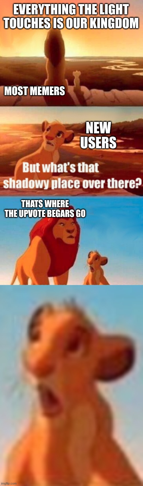 actually though | EVERYTHING THE LIGHT TOUCHES IS OUR KINGDOM; NEW USERS; MOST MEMERS; THATS WHERE THE UPVOTE BEGARS GO | image tagged in memes,simba shadowy place | made w/ Imgflip meme maker