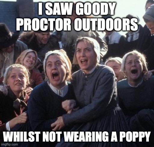Poppy Police | I SAW GOODY PROCTOR OUTDOORS; WHILST NOT WEARING A POPPY | image tagged in crucible girls | made w/ Imgflip meme maker