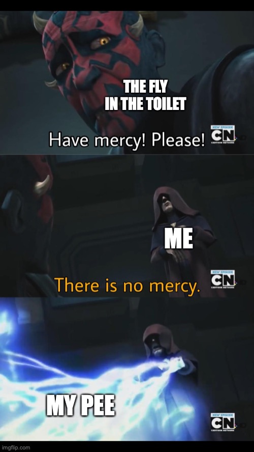 I saw this one and had to do it XD | THE FLY IN THE TOILET; ME; MY PEE | image tagged in no mercy,pee,toilet,star wars,darth maul,darth sidious | made w/ Imgflip meme maker