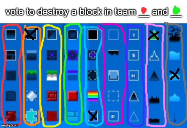 you have 2 votes | vote to destroy a block in team __ and __ | image tagged in gd block list | made w/ Imgflip meme maker