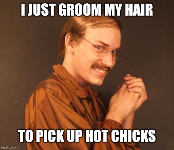 Creepy guy | I JUST GROOM MY HAIR TO PICK UP HOT CHICKS | image tagged in creepy guy | made w/ Imgflip meme maker