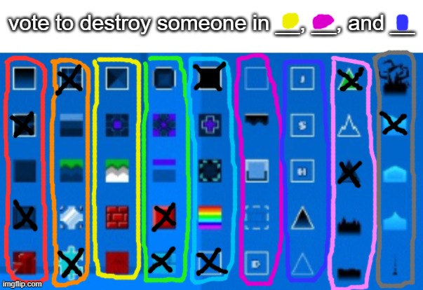 you have 3 votes | vote to destroy someone in __, __, and __ | image tagged in gd block list | made w/ Imgflip meme maker