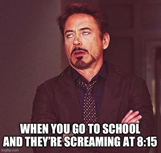 Robert Downey Jr Annoyed | WHEN YOU GO TO SCHOOL AND THEY’RE SCREAMING AT 8:15 | image tagged in robert downey jr annoyed | made w/ Imgflip meme maker