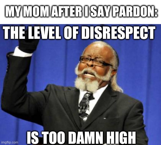 The amount of times this has happened | MY MOM AFTER I SAY PARDON:; THE LEVEL OF DISRESPECT; IS TOO DAMN HIGH | image tagged in memes,too damn high,mom,e,disrespect | made w/ Imgflip meme maker