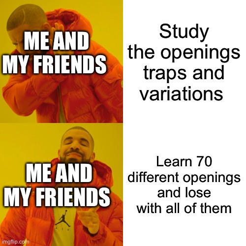 Drake Hotline Bling | Study the openings traps and variations; ME AND MY FRIENDS; Learn 70 different openings and lose with all of them; ME AND MY FRIENDS | image tagged in memes,drake hotline bling | made w/ Imgflip meme maker