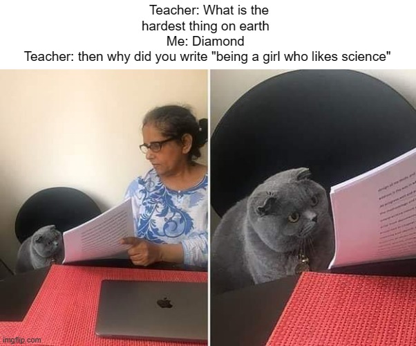 Woman showing paper to cat | Teacher: What is the hardest thing on earth 
Me: Diamond 
Teacher: then why did you write "being a girl who likes science" | image tagged in woman showing paper to cat,science,chemistrymemes | made w/ Imgflip meme maker