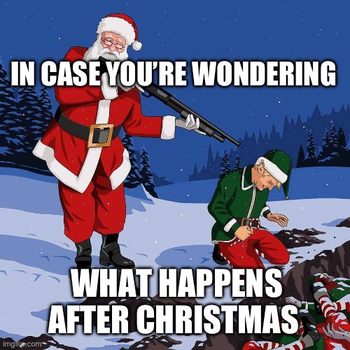 What happens after | IN CASE YOU’RE WONDERING; WHAT HAPPENS AFTER CHRISTMAS | image tagged in santa shooting elf | made w/ Imgflip meme maker