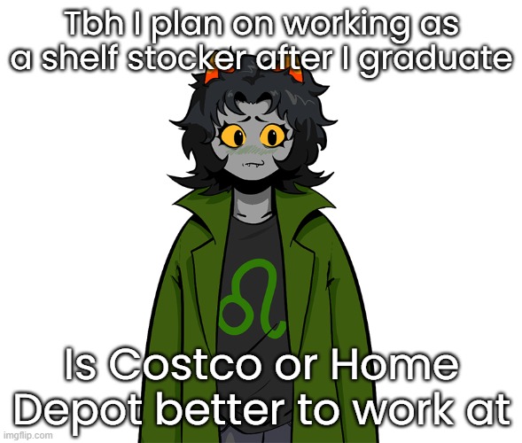 based off an hours/pay ratio (I.E. 7hrs/day times $18/hr totals to $126/day) | Tbh I plan on working as a shelf stocker after I graduate; Is Costco or Home Depot better to work at | image tagged in nepeta um | made w/ Imgflip meme maker