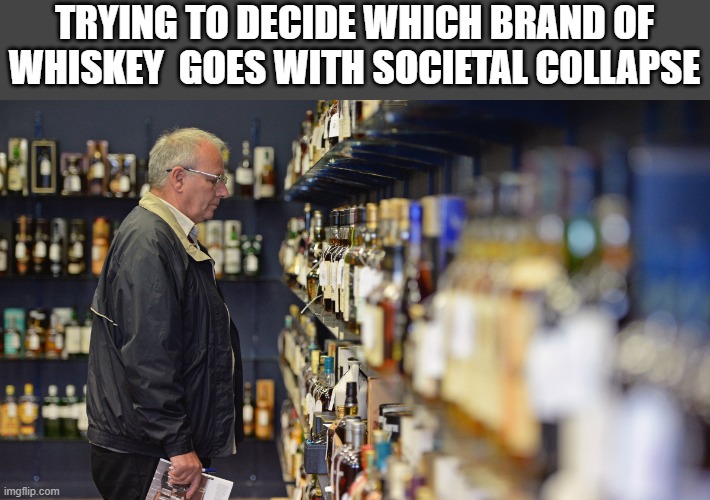 Tough Decision. LOL | TRYING TO DECIDE WHICH BRAND OF WHISKEY  GOES WITH SOCIETAL COLLAPSE | image tagged in society,collapse,whiskey | made w/ Imgflip meme maker