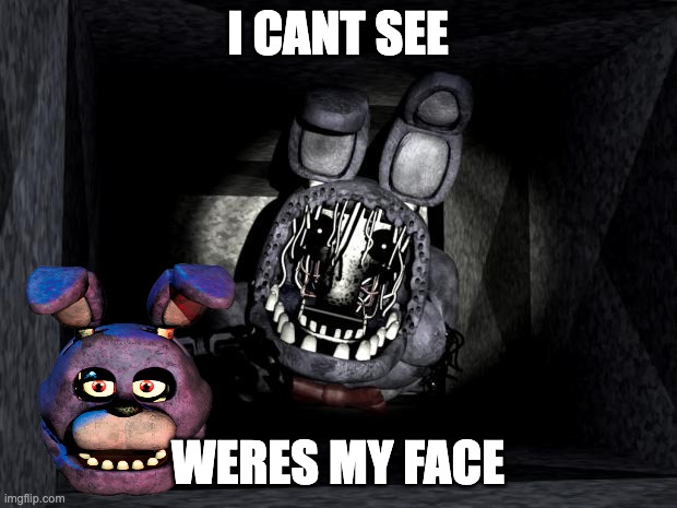 FNAF_Bonnie | I CANT SEE; WERES MY FACE | image tagged in fnaf_bonnie | made w/ Imgflip meme maker