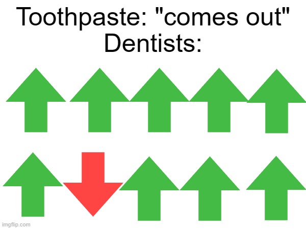 1/10 dentists | Toothpaste: "comes out"
Dentists: | image tagged in memes,upvote,downvote,funny,toothpaste,dentists | made w/ Imgflip meme maker