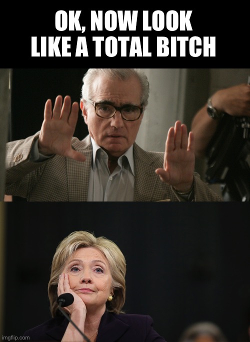 OK, NOW LOOK LIKE A TOTAL BITCH | image tagged in hillary clinton,bitch,movies,maga,republicans,donald trump | made w/ Imgflip meme maker