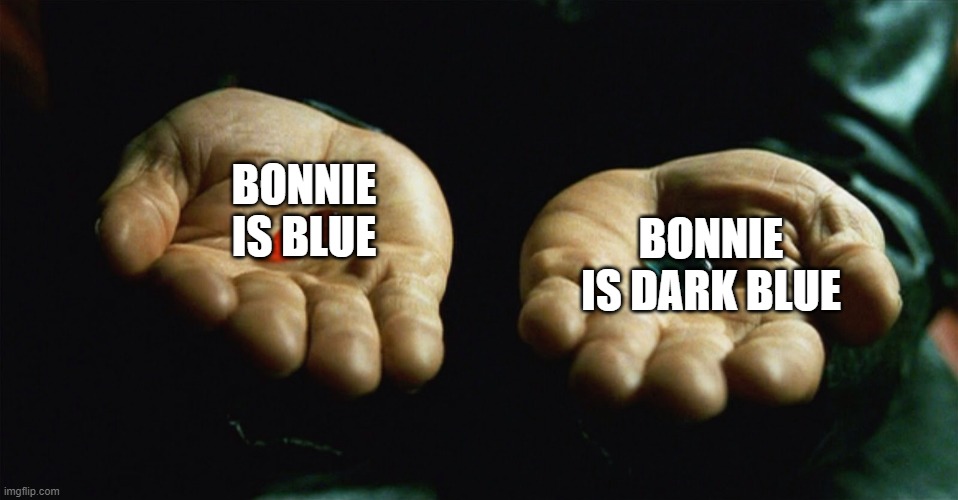 Red pill blue pill | BONNIE IS BLUE BONNIE IS DARK BLUE | image tagged in red pill blue pill | made w/ Imgflip meme maker