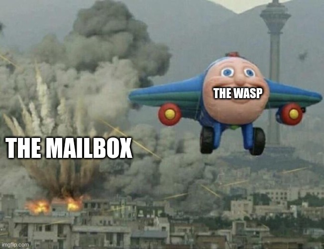 Plane flying from explosions | THE WASP THE MAILBOX | image tagged in plane flying from explosions | made w/ Imgflip meme maker