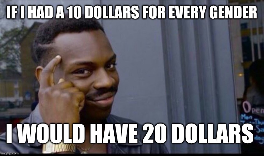 smart nigga | IF I HAD A 10 DOLLARS FOR EVERY GENDER I WOULD HAVE 20 DOLLARS | image tagged in smart nigga | made w/ Imgflip meme maker