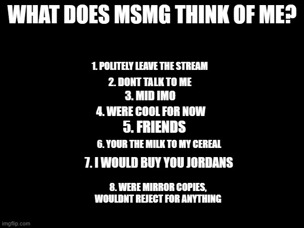 gy533ii99gh | WHAT DOES MSMG THINK OF ME? 1. POLITELY LEAVE THE STREAM; 2. DONT TALK TO ME; 3. MID IMO; 4. WERE COOL FOR NOW; 5. FRIENDS; 6. YOUR THE MILK TO MY CEREAL; 7. I WOULD BUY YOU JORDANS; 8. WERE MIRROR COPIES, WOULDNT REJECT FOR ANYTHING | made w/ Imgflip meme maker