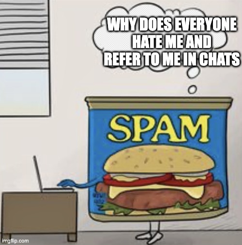 Why do people call overusing comments 'spam' | WHY DOES EVERYONE HATE ME AND REFER TO ME IN CHATS | image tagged in spam | made w/ Imgflip meme maker