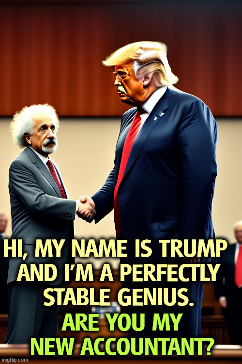 Facepalm | HI, MY NAME IS TRUMP 

AND I'M A PERFECTLY STABLE GENIUS. ARE YOU MY NEW ACCOUNTANT? | image tagged in albert einstein,donald trump,trump is a moron,ignorance,incompetence | made w/ Imgflip meme maker