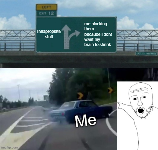 Left Exit 12 Off Ramp | Innapropiate stuff; me blocking them because i dont want my brain to shrink; Me | image tagged in memes,left exit 12 off ramp | made w/ Imgflip meme maker