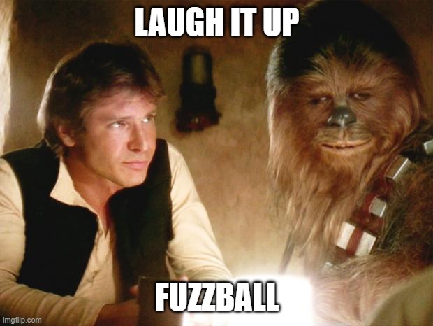 Han Solo Chewbacca | LAUGH IT UP; FUZZBALL | image tagged in han solo chewbacca | made w/ Imgflip meme maker