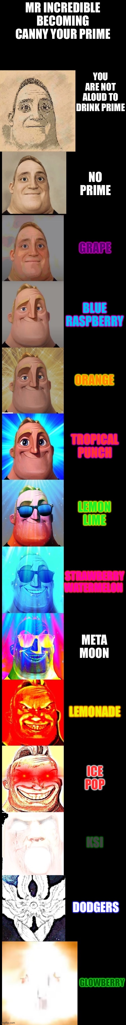 Reupload Mr Incredible Becoming Canny Extended Your Prime | MR INCREDIBLE BECOMING CANNY YOUR PRIME; YOU ARE NOT ALOUD TO DRINK PRIME; NO PRIME; GRAPE; BLUE RASPBERRY; ORANGE; TROPICAL PUNCH; LEMON LIME; STRAWBERRY WATERMELON; META MOON; LEMONADE; ICE POP; KSI; DODGERS; GLOWBERRY | image tagged in mr incredible becoming canny new version | made w/ Imgflip meme maker