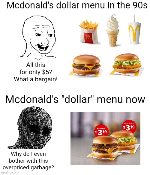 Mcdonald's was the food of the poor, now it's just overpriced garbage | Mcdonald's dollar menu in the 90s; All this for only $5? What a bargain! Mcdonald's "dollar" menu now; Why do I even bother with this overpriced garbage? | image tagged in mcdonalds,fast food,inflation,price gouging | made w/ Imgflip meme maker
