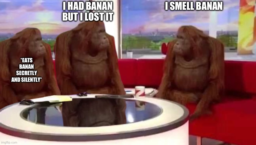 where monkey | I SMELL BANAN; I HAD BANAN BUT I LOST IT; *EATS BANAN SECRETLY AND SILENTLY* | image tagged in where monkey | made w/ Imgflip meme maker