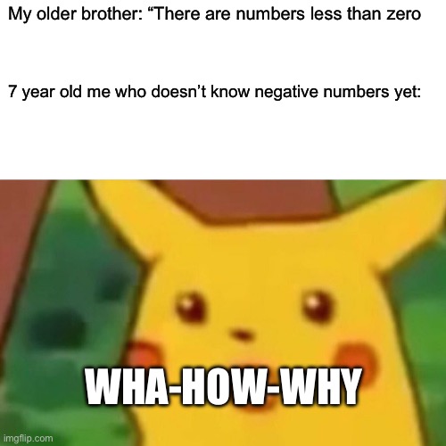 Surprised Pikachu | My older brother: “There are numbers less than zero; 7 year old me who doesn’t know negative numbers yet:; WHA-HOW-WHY | image tagged in memes,surprised pikachu | made w/ Imgflip meme maker