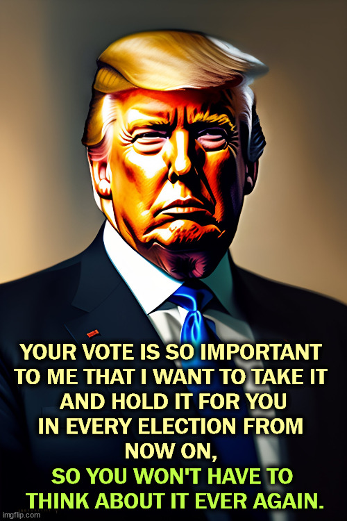 YOUR VOTE IS SO IMPORTANT 
TO ME THAT I WANT TO TAKE IT 
AND HOLD IT FOR YOU
IN EVERY ELECTION FROM 
NOW ON, SO YOU WON'T HAVE TO 
THINK ABOUT IT EVER AGAIN. | image tagged in constitution,election,democracy,trump,dictator,tyranny | made w/ Imgflip meme maker