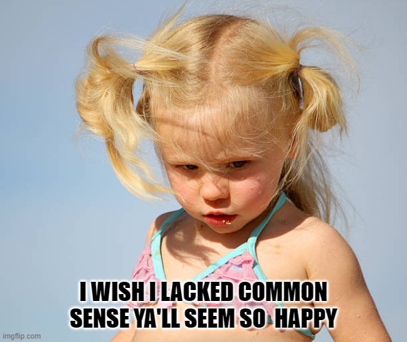 Cranky little girl gives advice about common sense | I WISH I LACKED COMMON SENSE YA'LL SEEM SO  HAPPY | image tagged in cute,funny,common sense,joke,little girl | made w/ Imgflip meme maker