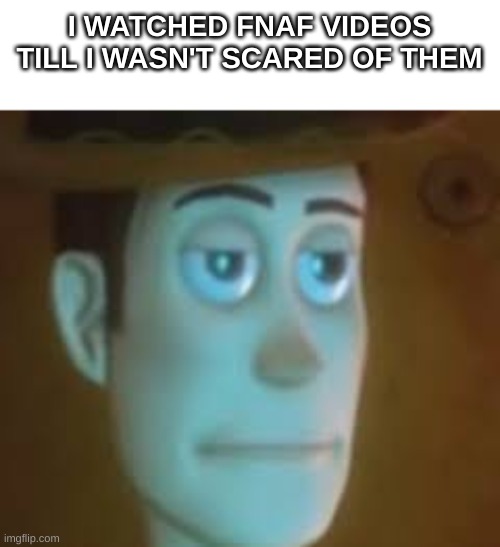 disappointed woody | I WATCHED FNAF VIDEOS TILL I WASN'T SCARED OF THEM | image tagged in disappointed woody | made w/ Imgflip meme maker