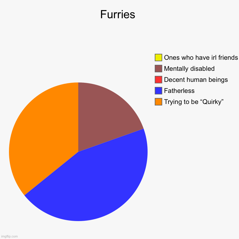 Furries | Trying to be “Quirky”, Fatherless, Decent human beings, Mentally disabled, Ones who have irl friends | image tagged in charts,pie charts | made w/ Imgflip chart maker