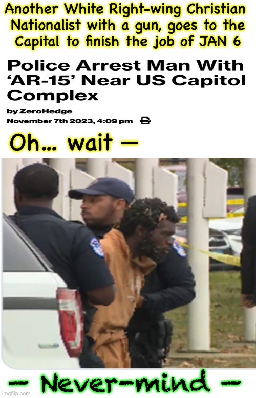 Shouldn’t you be watching Sports?!  Or the War?  Or the New War?  Anything, but this. | Another White Right-wing Christian 
Nationalist with a gun, goes to the
Capital to finish the job of JAN 6; Oh… wait —; — Never-mind — | image tagged in memes,black man with gun cant be reported on,goes against the narrative,domestic terrorists are white christians,fjb voters suck | made w/ Imgflip meme maker