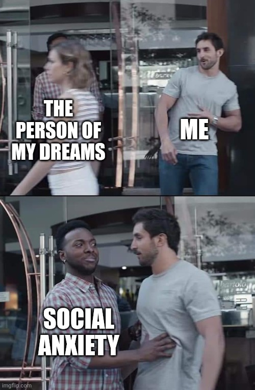 Sad:( | ME; THE PERSON OF MY DREAMS; SOCIAL ANXIETY | image tagged in black guy stopping | made w/ Imgflip meme maker