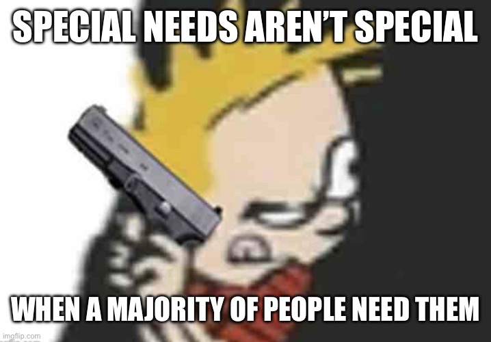 Calvin gun | SPECIAL NEEDS AREN’T SPECIAL; WHEN A MAJORITY OF PEOPLE NEED THEM | image tagged in calvin gun | made w/ Imgflip meme maker